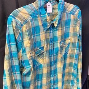 Lei Turquoise and Yellow Plaid Casual Shirt